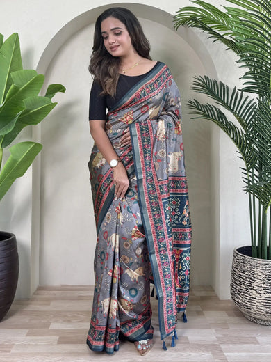 Gorgeous Blue Pichwai Printed Viscose Event Wear Saree With Blouse